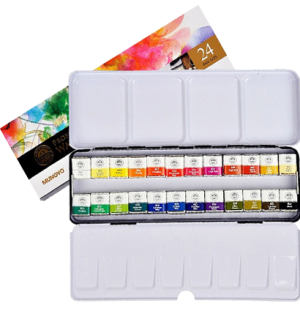 Профессиональные акварельные краски 24 цвета мал. кюветы в металлической коробке