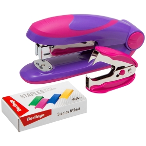 Набор Berlingo "Fuze": степлер №24/6,26/6 до 25л., фиолетовый, антистеплер, скобы №24/6, блистер