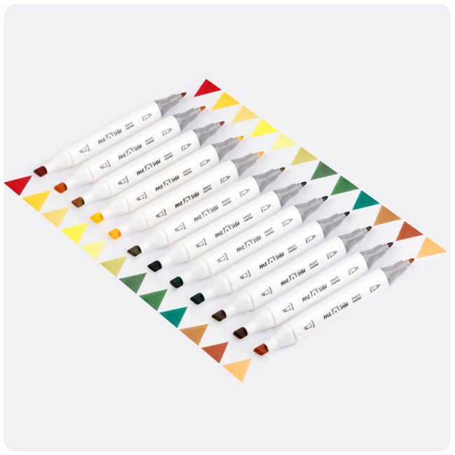 Набор двусторонних маркеров для скетчинга MESHU 12цв., осенние цвета, корпус трехгранный, пулевид./клиновид.наконечники, ПВХ-бокс Набор двусторонних маркеров для скетчинга MESHU 12цв., осенние цвета, корпус трехгранный, пулевид./клиновид.наконечники, ПВХ-бокс