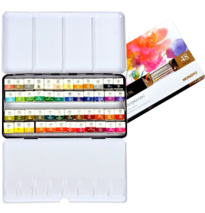 Профессиональные акварельные краски 48 цветов мал. кюветы в металлической коробке