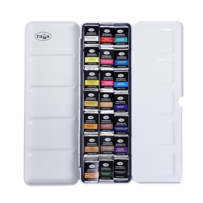 Акварель художественная Гамма "Старый Мастер" палитра Анастасии Лобуз, 21цв*2,6мл, кюветы, метал. коробка