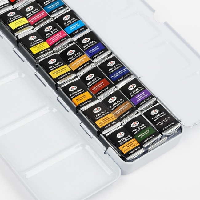 Акварель художественная Гамма "Старый Мастер" палитра Анастасии Лобуз, 21цв*2,6мл, кюветы, метал. коробка