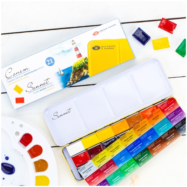 Акварель ЗХК "Сонет", художественная, 21 цвет, кювет, металлический пенал Акварель ЗХК "Сонет", художественная, 21 цвет, кювет, металлический пенал