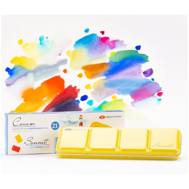 Акварель ЗХК "Сонет", художественная, 21 цвет, кювет, металлический пенал Акварель ЗХК "Сонет", художественная, 21 цвет, кювет, металлический пенал