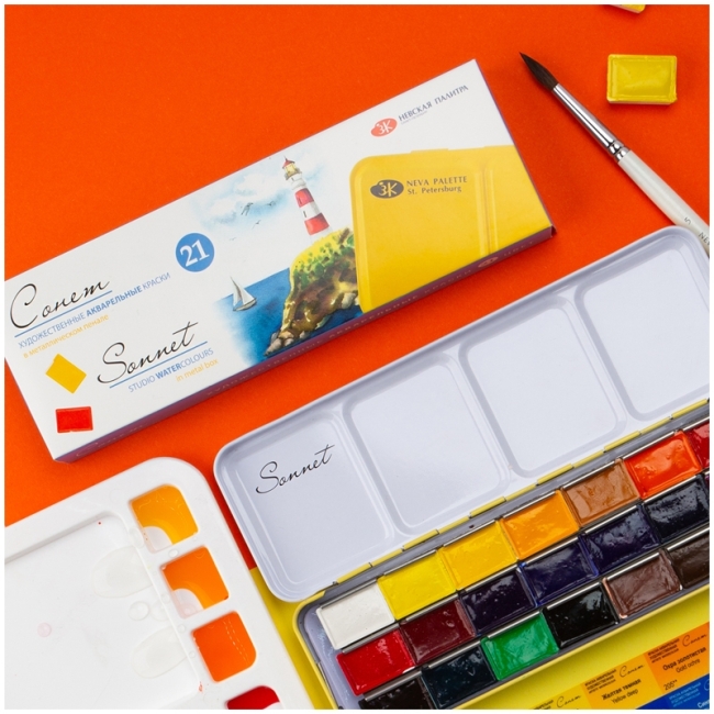 Акварель ЗХК "Сонет", художественная, 21 цвет, кювет, металлический пенал Акварель ЗХК "Сонет", художественная, 21 цвет, кювет, металлический пенал