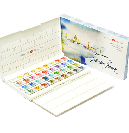 Акварель "Белые Ночи" Невская Палитра 36 цветов в кюветах, кейс с палитрой купить в художественном магазине ArtCraft.Space с доставкой по РФ и СНГ