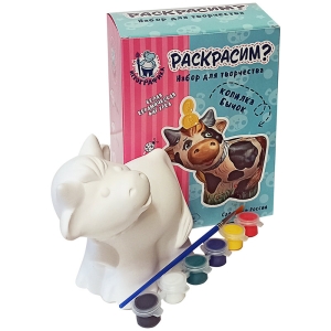 Набор для росписи фигурки из керамики Игрографика с акриловыми красками "Бычок-копилка"