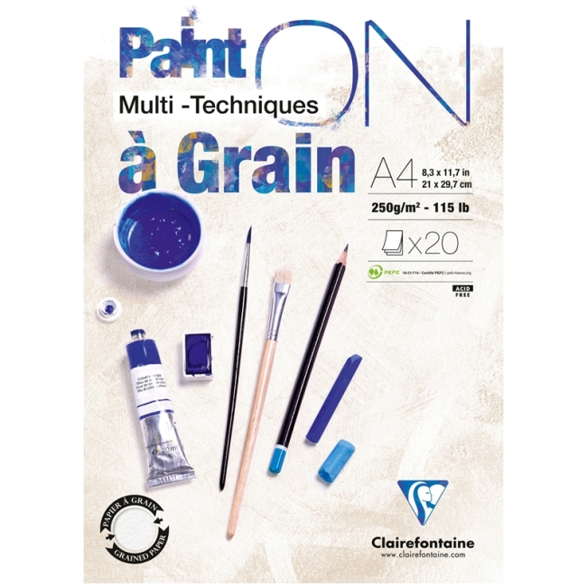 Скетчбук - альбом для смешанных техник 20л., А4, на склейке Clairefontaine "Paint'On with grain", 250г/м2, экстра-белый