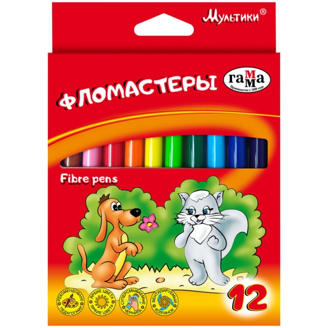 Фломастеры Гамма "Мультики", 12цв., смываемые, картон. упак., европодвес Фломастеры Гамма "Мультики", 12цв., смываемые, картон. упак., европодвес