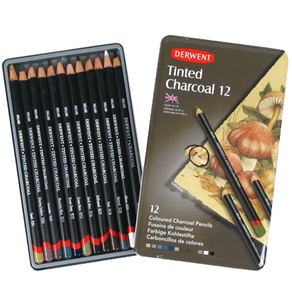Набор угольных цветных карандашей Derwent Tinted Charcoal Pencils 12 штук в пенале купить в магазине для художников СкетчингПро с доставкой по РФ и СНГ