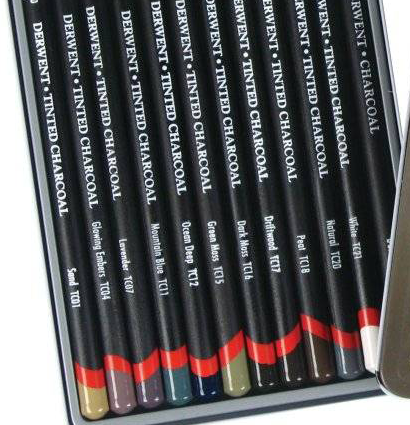 Набор угольных цветных карандашей Derwent Tinted Charcoal Pencils 12 штук в пенале купить в магазине для художников ArtCraft.Space с доставкой по РФ и СНГ