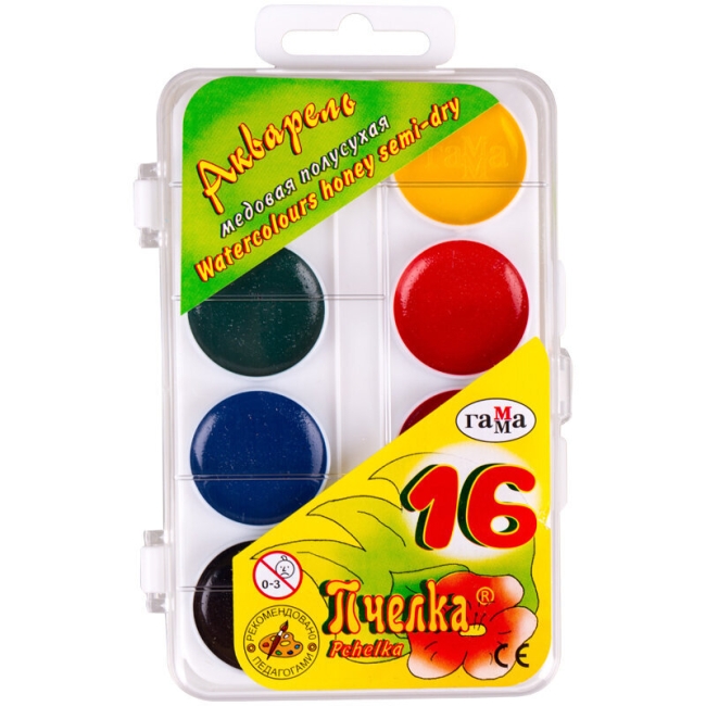 Акварель Гамма "Пчелка" медовая 16 цветов в пластиковом кейсе купить в художественном магазине ArtCraft.Space с доставкой по всему миру Акварель Гамма "Пчелка" медовая 16 цветов в пластиковом кейсе купить в художественном магазине ArtCraft.Space с доставкой по всему миру