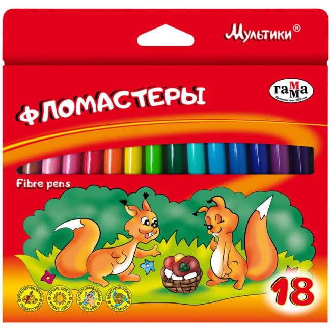 Фломастеры Гамма "Мультики", 18цв., смываемые, картон. упак., европодвес