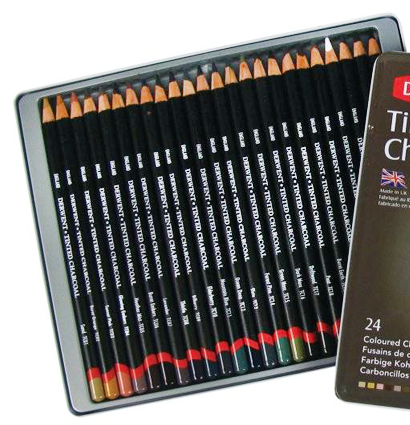 Набор угольных цветных карандашей Derwent Tinted Charcoal Pencils 24 штуки в пенале купить в магазине товаров для рисования ArtCraft.Space с доставкой по РФ и СНГ