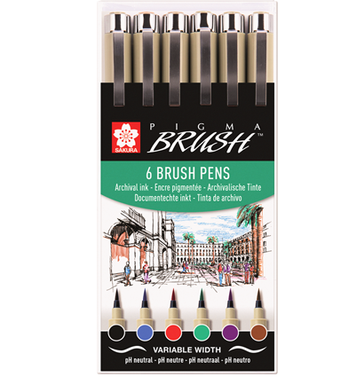 Набор цветных капиллярных ручек Sakura Pigma Micron Brush брашпены 6 штук купить в художественном магазине ArtCraft.Space с доставкой по РФ и СНГ