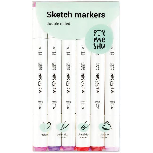 Набор двусторонних маркеров для скетчинга MESHU 12цв., ягодные цвета, корпус трехгранный, пулевид./клиновид.наконечники, ПВХ-бокс Набор двусторонних маркеров для скетчинга MESHU 12цв., ягодные цвета, корпус трехгранный, пулевид./клиновид.наконечники, ПВХ-бокс