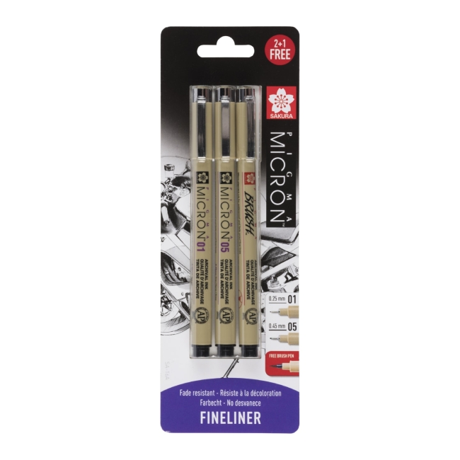 Набор капиллярных ручек Pigma Micron 3шт (0.25мм 0.45мм + Ручка Pigma Brush) Черный