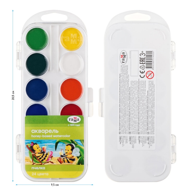 Акварель Гамма "Пчелка" детская медовая 24 цвета в пластиковом кейсе купить в художественном магазине ArtCraft.Space с доставкой по всему миру