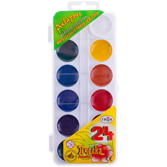Акварель Гамма "Пчелка" детская медовая 24 цвета в пластиковом кейсе купить в художественном магазине ArtCraft.Space с доставкой по всему миру