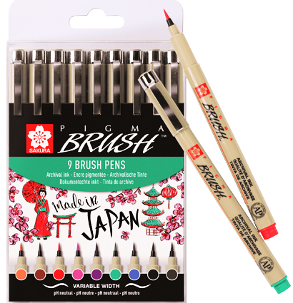 Набор цветных капиллярных ручек Sakura Pigma Micron Brush брашпены 9 штук купить в художественном магазине ArtCraft.Space с доставкой по РФ и СНГ