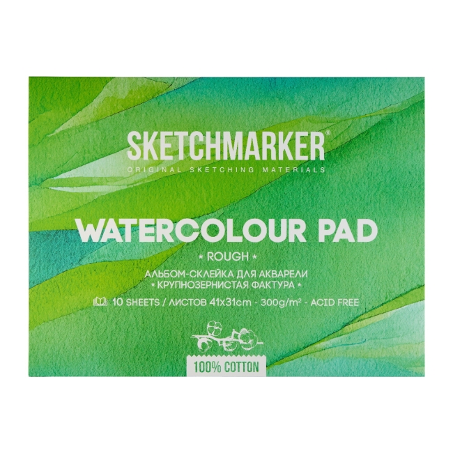 NEW Блок для акварели Sketchmarker 300г/м.кв 31*41см 10л хлопок Крупное зерно склейка по 4 сторонам