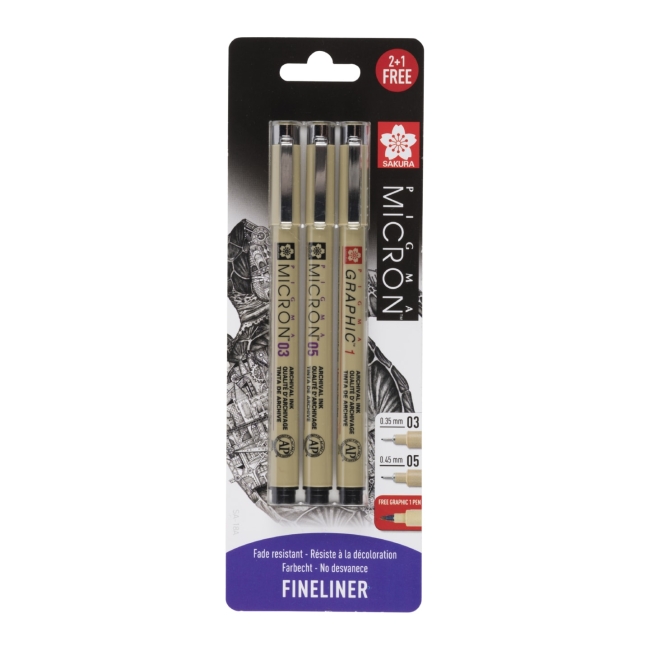 Набор капиллярных ручек Pigma Micron 3шт (0.35мм 0.45мм + graphic 1мм) Черный
