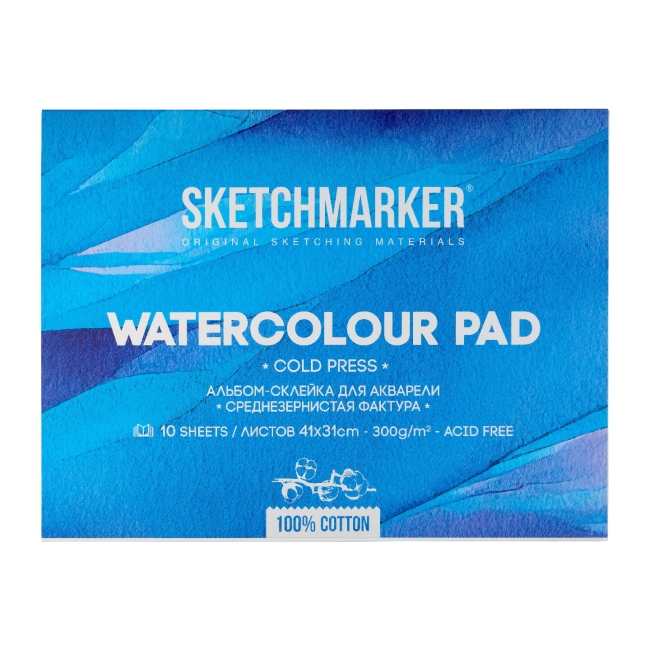 NEW Блок для акварели Sketchmarker 300г/м.кв 31*41см 10л хлопок Среднее зерно склейка по 4 сторонам