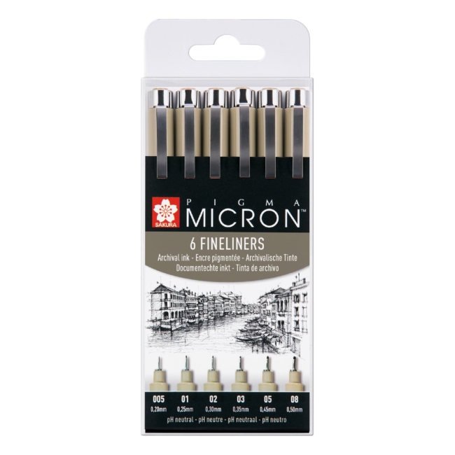 Набор капиллярных ручек Pigma Micron 6шт (0.2мм 0.25мм 0.3мм 0.35мм 0.45мм 0.5мм) Черный