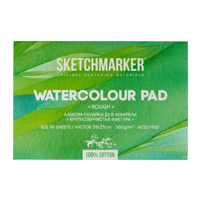 NEW Блок для акварели Sketchmarker 300г/м.кв 21*31см 10л хлопок Крупное зерно склейка по 4 сторонам