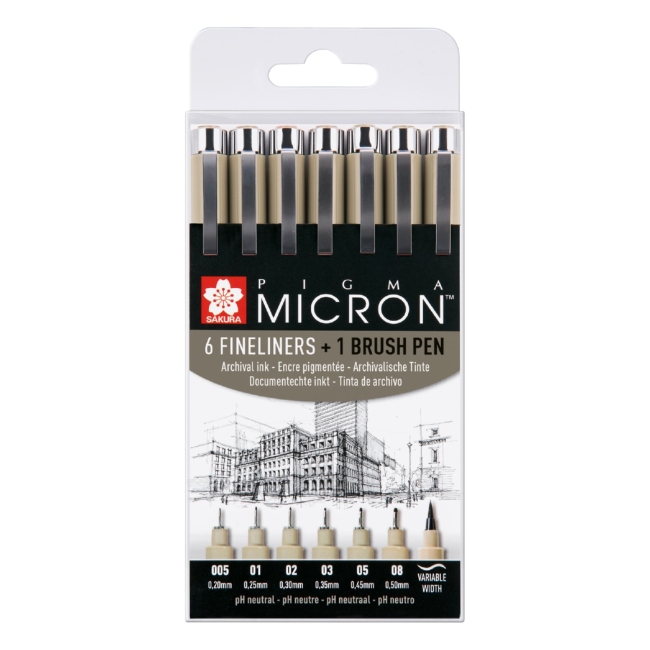 Набор капиллярных ручек Pigma Micron 7шт (0.2мм 0.25мм 0.3мм 0.35мм 0.45мм 0.5мм+ brush) Черный