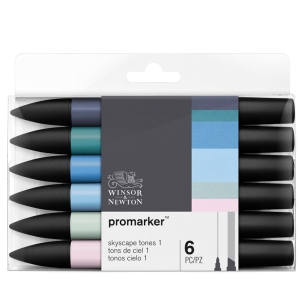 Набор художественных маркеров двухсторонних Winsor&Newton "Pro", пулевидный/скошенный, 2мм/7мм, 6 цветов, небесные оттенки