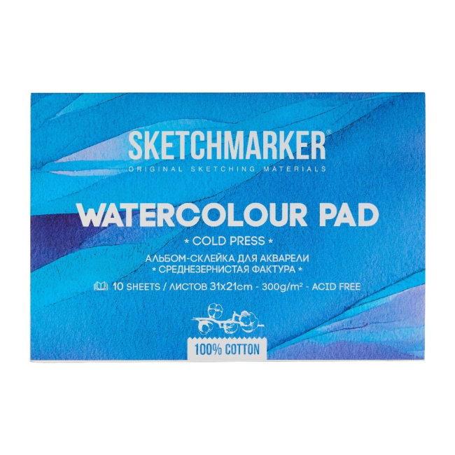 NEW Блок для акварели Sketchmarker 300г/м.кв 21*31см 10л хлопок Среднее зерно склейка по 4 сторонам