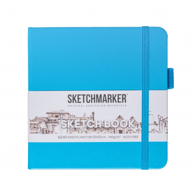 Блокнот для зарисовок Sketchmarker 140г/кв.м 12*12см 80л твердая обложка Синий Карибский
