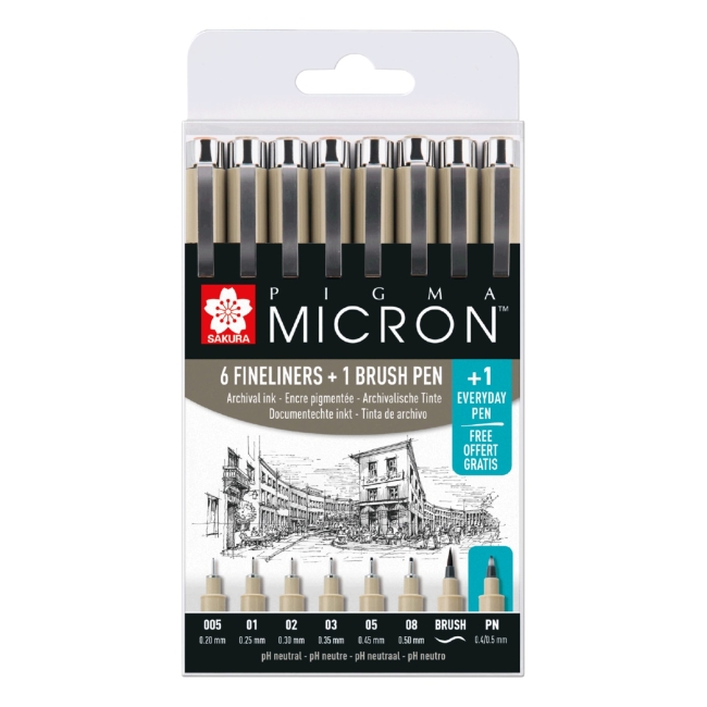Набор капиллярных ручек Pigma Micron 8шт (0.2мм 0.25мм 0.3мм 0.35мм 0.45мм 0.5мм + brush+PN) Черный