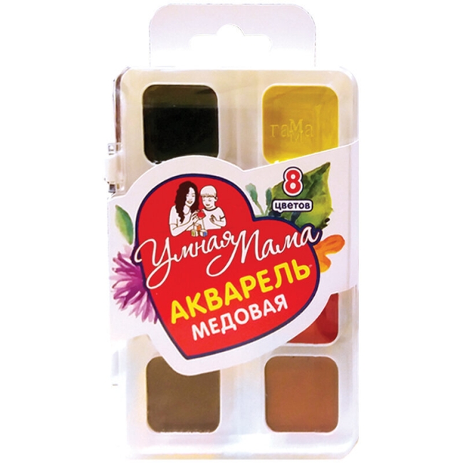 Акварель Гамма "Умная Мама" медовая 8 цветов детская в пластиковом кейсе купить в художественном магазине ArtCraft.Space с доставкой по всему миру
