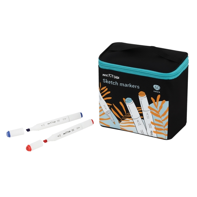 Набор двусторонних маркеров для скетчинга MESHU 60цв., основные цвета, корпус трехгранный, пулевид./клиновид.наконечники, текстильный чехол на молнии Набор двусторонних маркеров для скетчинга MESHU 60цв., основные цвета, корпус трехгранный, пулевид./клиновид.наконечники, текстильный чехол на молнии