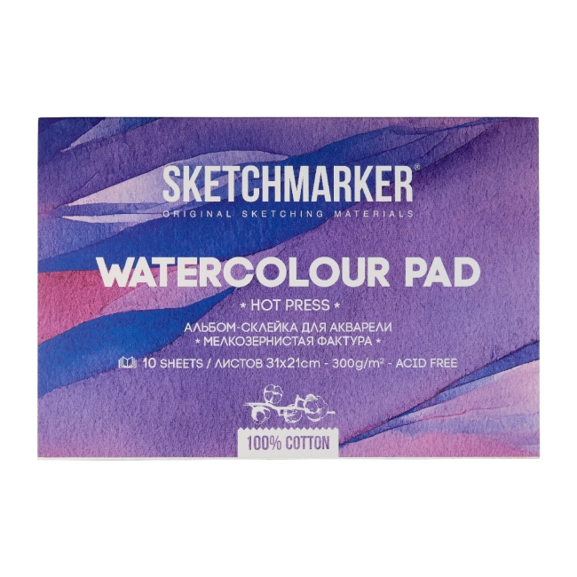 NEW Блок для акварели Sketchmarker 300г/м.кв 21*31см 10л хлопок Мелкое зерно склейка по 4 сторонам