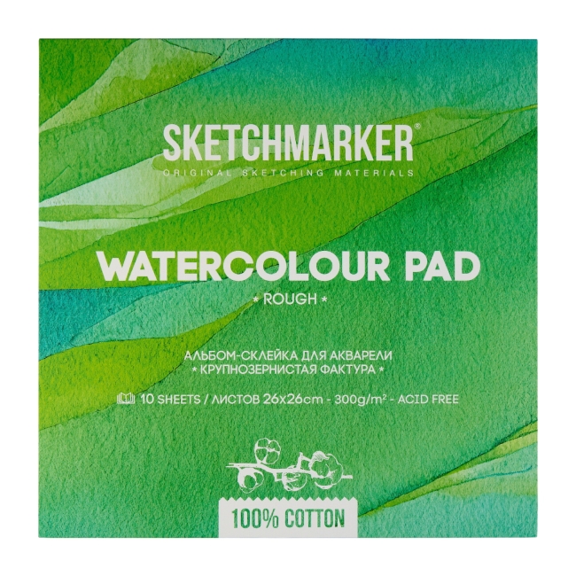 NEW Блок для акварели Sketchmarker 300г/м.кв 26*26см 10л хлопок Крупное зерно склейка по 4 сторонам