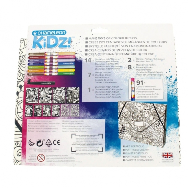 Набор для творчества "Портфолио" 14 маркеров Chameleon, 1 "Воздушная кисть" - AIRBRUSH, 2 трафарета, 8 картинки для раскрашивания, упакован в картонную сумочку -папку для раскрашивания