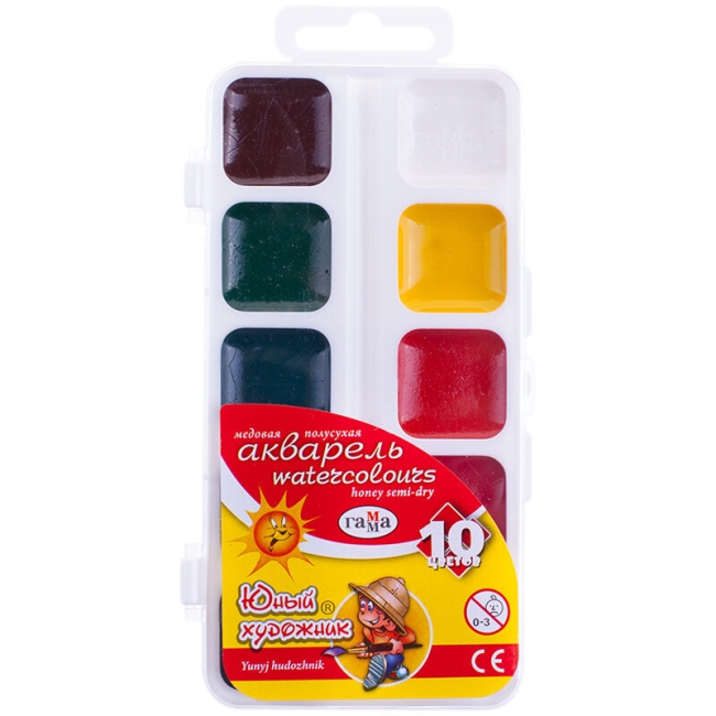 Акварель Гамма "Юный художник" медовая набор 10 цветов в пластиковом кейсе купить в художественном магазине ArtCraft.Space с доставкой по всему миру