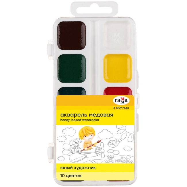 Акварель Гамма "Юный художник" медовая набор 10 цветов в пластиковом кейсе купить в художественном магазине ArtCraft.Space с доставкой по всему миру