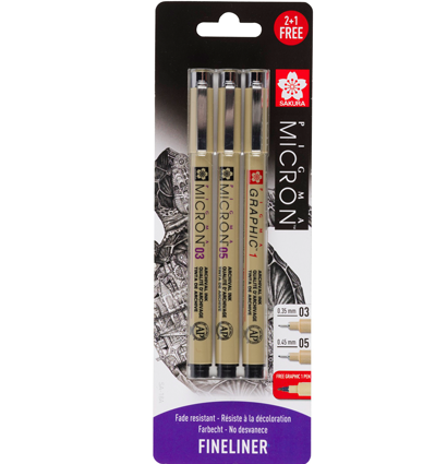 Набор капиллярных ручек Sakura Pigma Micron черного цвета разной толщины и брашпен 3 штуки купить в художественном магазине ArtCraft.Space с доставкой по РФ и СНГ