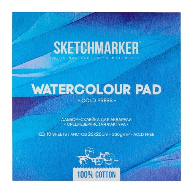 NEW Блок для акварели Sketchmarker 300г/м.кв 26*26см 10л хлопок Среднее зерно склейка по 4 сторонам