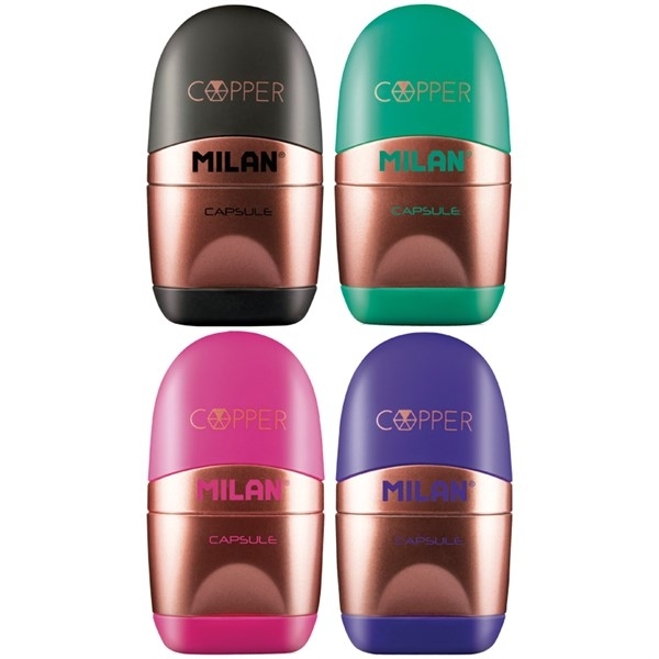 Ластик-точилка MILAN CAPSULE COPPER 65*35*24 мм пластик, цвета в ассортименте: черный, зеленый, бордовый, синий
