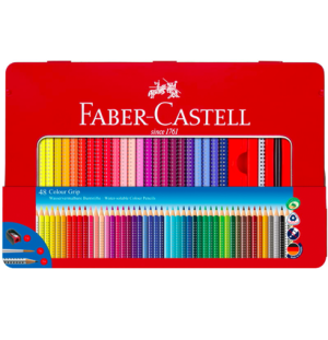 Карандаши цветные Faber-Castell "Grip", 48цв., трехгран., заточ.+ч/г кар .Grip+точилка+кисть, метал. коробка