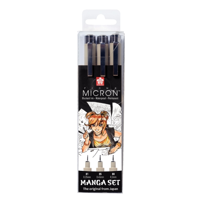 Набор капиллярных ручек Pigma Micron Manga 3шт (0.1мм 0.5мм 0.8мм) Черный