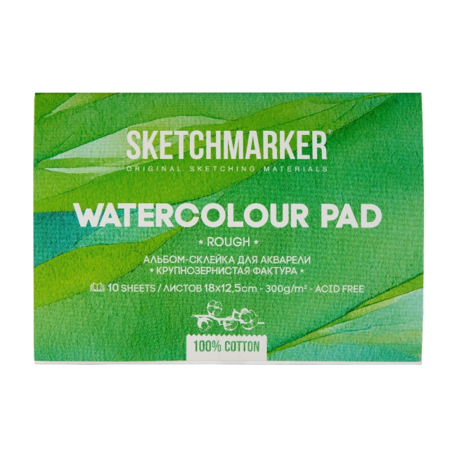 NEW Блок для акварели Sketchmarker 300г/м.кв 12,5*18см 10л хлопок Крупное зерно склейка по 4 сторонам