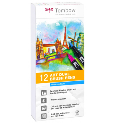 Купить набор брашпенов Tombow ABT Dual Brush Pen 12 Basic (основные) - маркер-кисть для скетчинга и каллиграфии в интернет-магазине товаров для скетчинга ArtCraft.Space