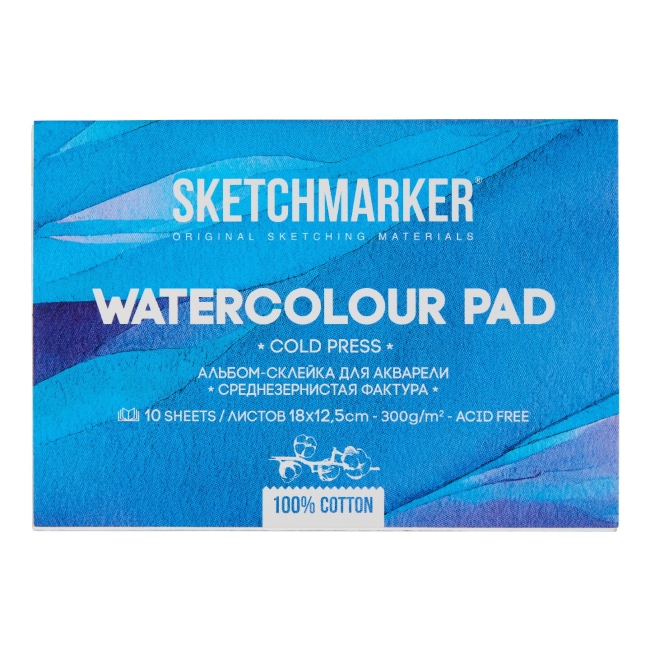 NEW Блок для акварели Sketchmarker 300г/м.кв 12,5*18см 10л хлопок Среднее зерно склейка по 4 сторонам