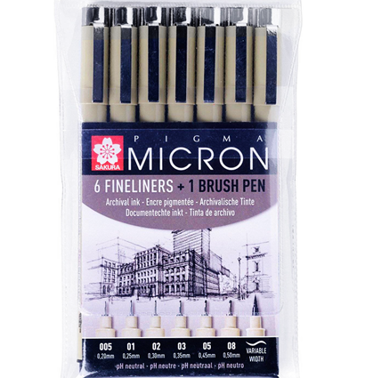Набор черных капиллярных ручек Sakura Pigma Micron разной толщины + брашпен, 7 штук купить в магазине маркеров и ручек ArtCraft.Space с доставкой по РФ и СНГ